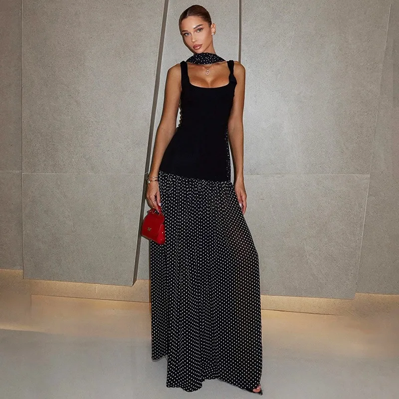 

Ticketsx Elegant Black Square Collar Patchwork Sling Dress Fashion Polka Dot Scarf Bibbon Party Prom Dress Formal Evening Dress