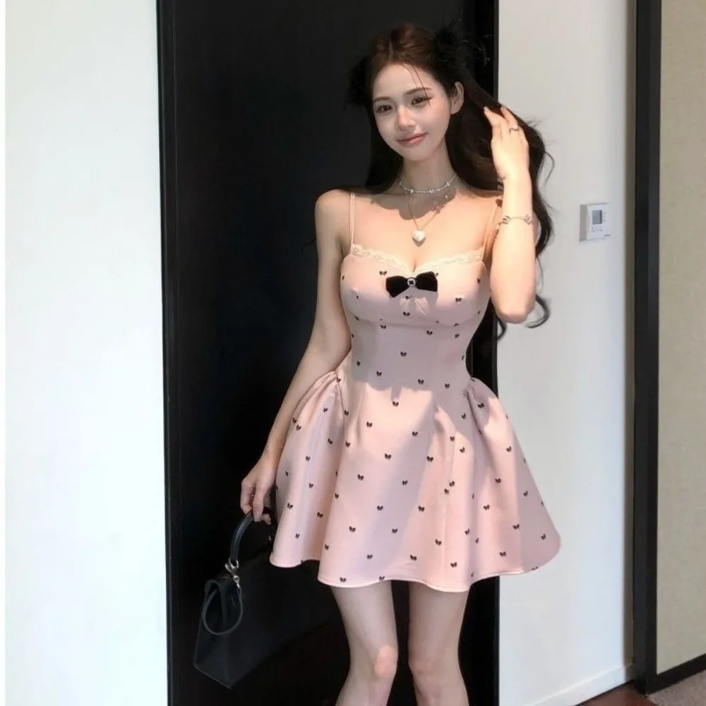 

Fashion Slim Fit Halter Dress Pink Elegant Lace Dress Sweet Puffy Bow Skirt Spicy Girls