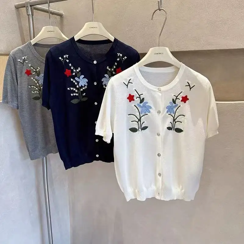 

Korean Style Fresh Lily Of The Valley Embroidery Thin Round Neck Short Sleeve Cardigan For Women Summer New Versatile Knit Tops
