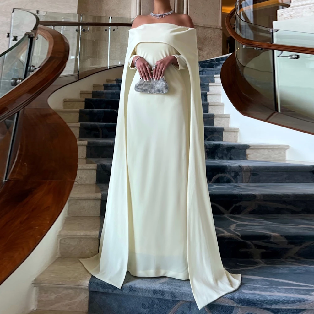 

ROSELLA Beige Boat Neck Evening Dresses Smock Floor Length Formal Gown Cape Sleeves Straight Saudi Arabia Prom Dress