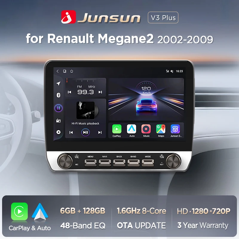 Junsun 10,1 Zoll kabelloses Carplay Android Auto Autoradio für Renault Megane 2 2002–2009 Radio mit Tasten Bluetooth GPS Navi 4G DSP