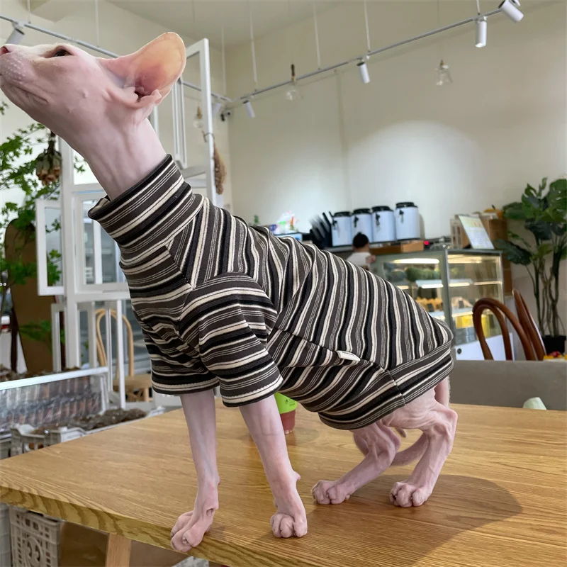 High-neck Velvet Orange Cotton Sweatshirt for Cat Winter Soft Warm Grey Striped Coat for Sphynx Cat in Autumn Kittens Loungewear