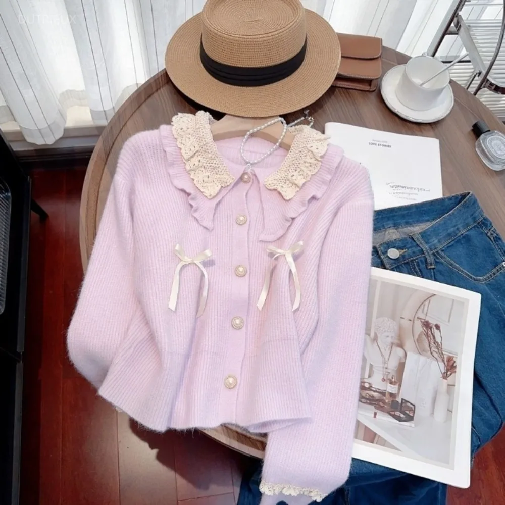 Literary Sweet Fresh Preppy Style Slim Cardigan French Peter Pan Collar Knit Jumper Lace Bow Fungus Casual Gentle Sweater