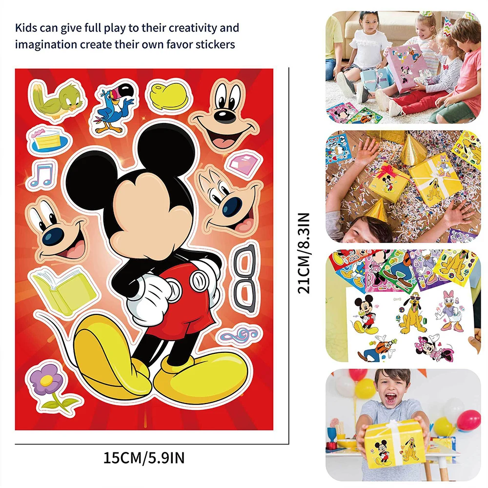 6/12Sheets Disney Mickey Mouse Puzzle Stickers Kawaii Minnie Donald Duck Make-a-Face Assemble Jigsaw Cartoon Decals Kids DIY Toy