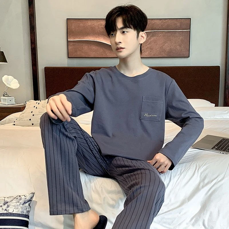 

2026 Spring Autumn Long Sleeve Cotton Pajama Sets for Men Korean Casual Striped Sleepwear Suit Pyjama Male Homewear Home Clothes