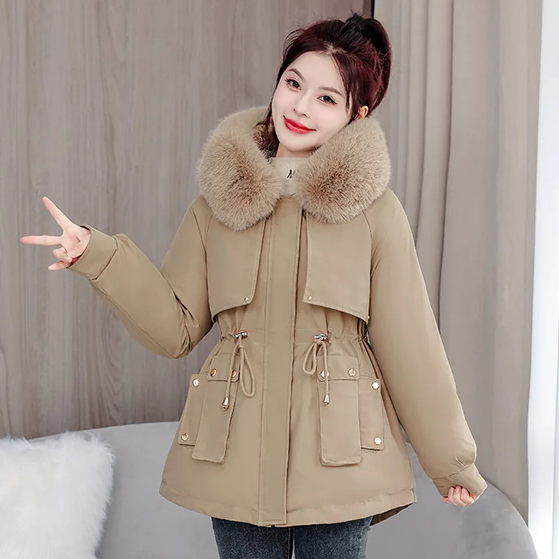 

Parkas Real Womens Winter Cool Loose-Fit Fur Wrap Hooded Anti-Cold Cotton Fleece-Lined Fancy Multi-Functional Mock Diagonal Girl