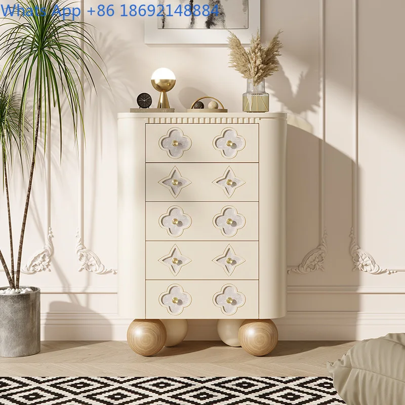 French Style Creamy Wooden 5 Drawer Cabinet Luxury Storage Chest for Bedroom Living Room Clover Design High Cabinet