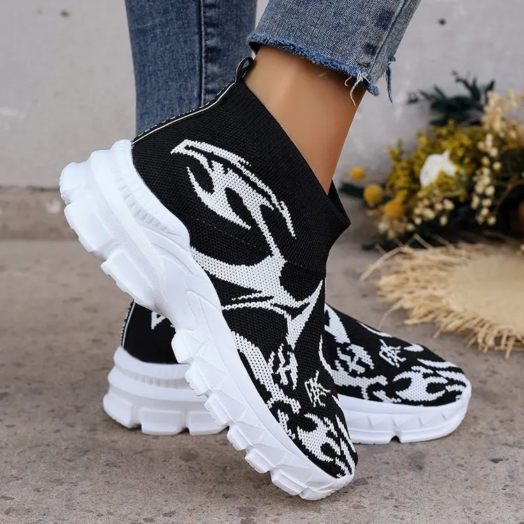 High Top Breathable Knitted Sneakers Women 2023 Spring Slip on Casual Shoes Woman Plus Size  Thick Bottom Sock Shoes New