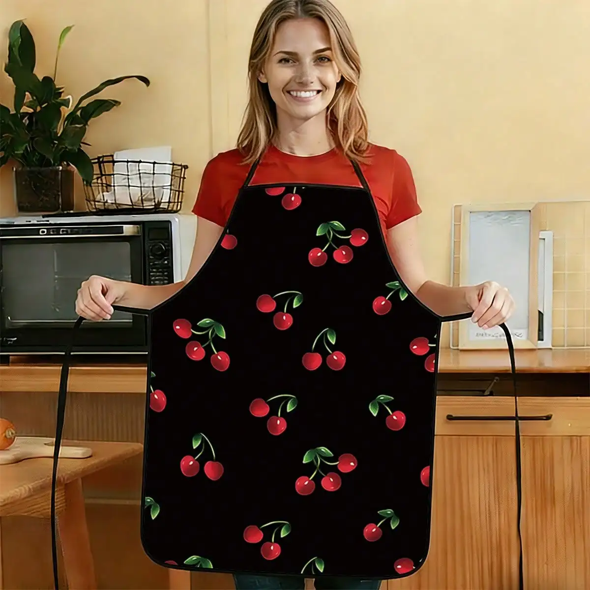 

Black Cherry Apron Printed Pattern Apron, Durable And Easy To Clean, Adjustable Waistband, Polyester Material, Unisex Cooking Apron, Perfect For Home Baking, Kitchen, Garden, Hairdressing, A Gift Choice For Parents