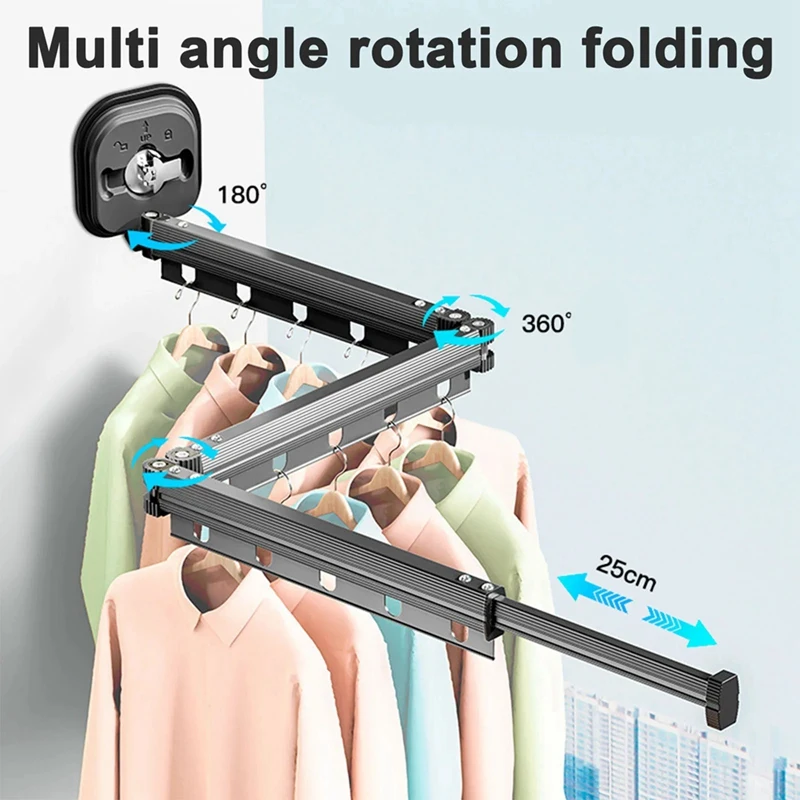 ABHG Folding Clothes Rack Aluminum Clothes Hangers Black Wall Mount Rack Drying Rack Sucker Install