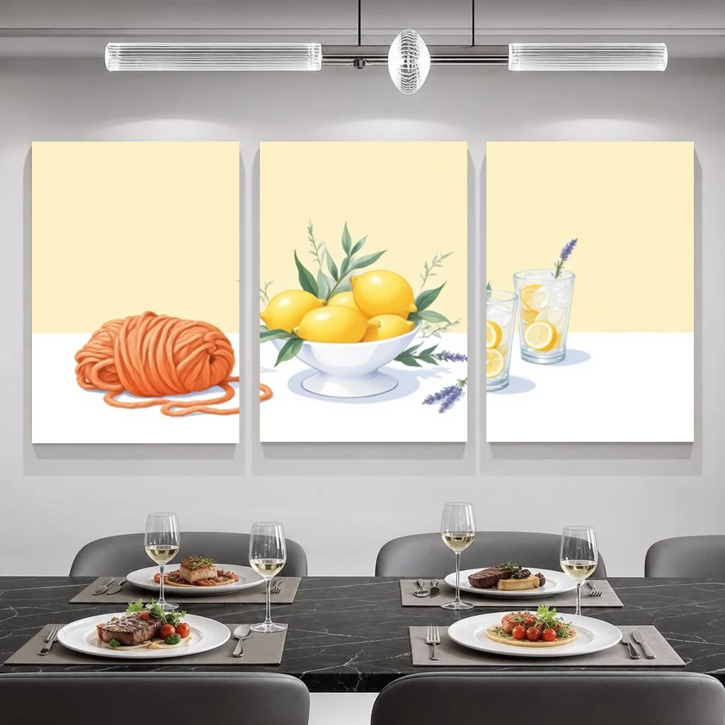 2D Flat, 3pcs 3pcs Contemporary Minimalist Citrus & Herb Wall Art Prints with Lemon, Mint Suitable for Living Room, Kitchen D