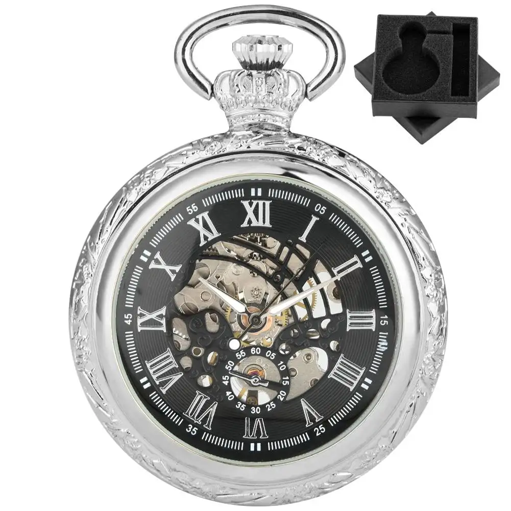 

Винтажные серебряные/черные/бронзовые механические карманные часы с ручным заводом, римские цифры, дисплей с открытым лицом, подвеска, карманные часы