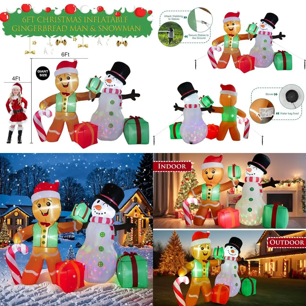 

Гигантские рождественские надувные лодки для лужайки длиной 6 футов: пряники и снеговики со светодиодной подсветкой для праздничного декора на открытом воздухе