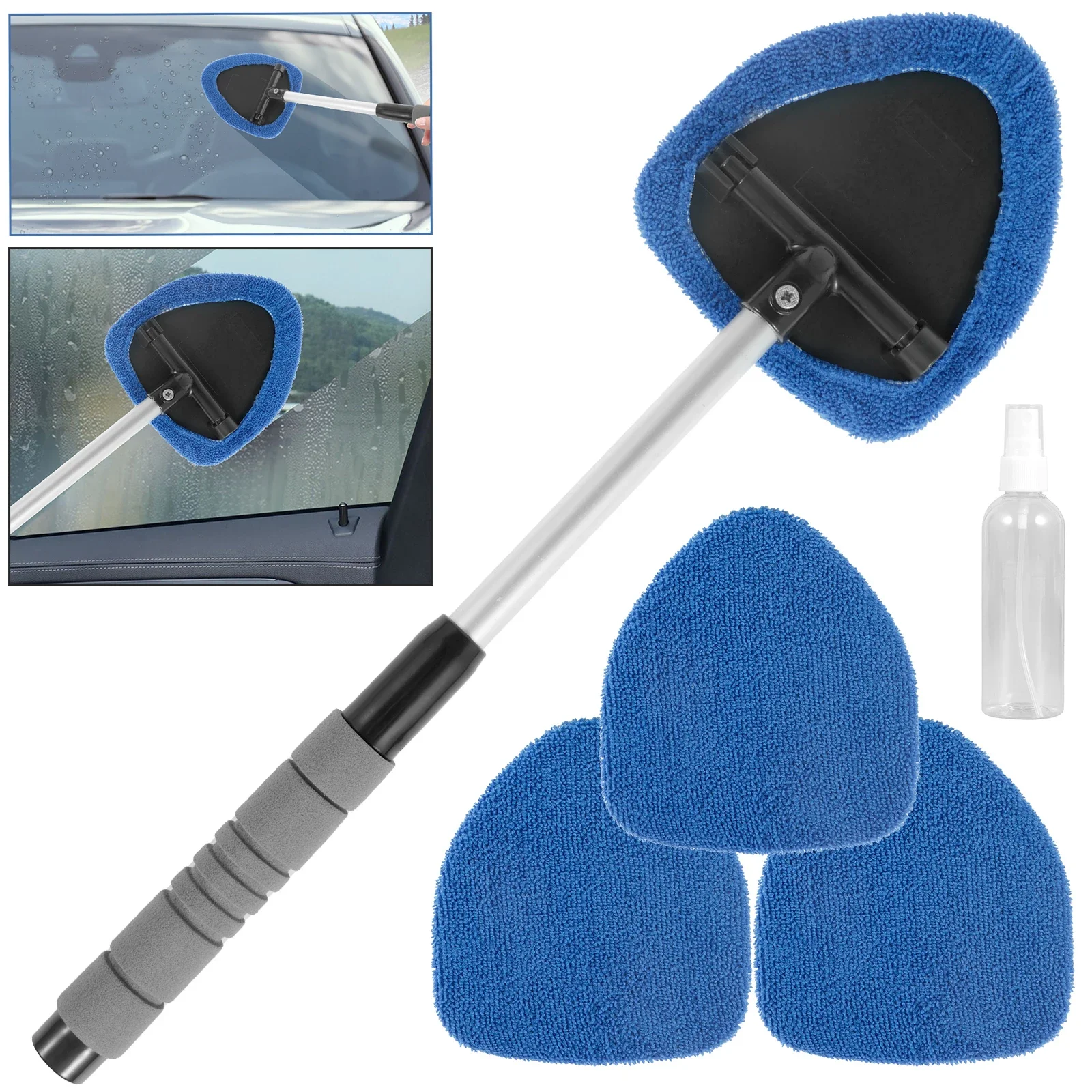 Car Windshield Cleaner Microfiber Car Window Cleaning Brush with Washable Pad Extendable Handle Interior Exterior Car Washer Mop