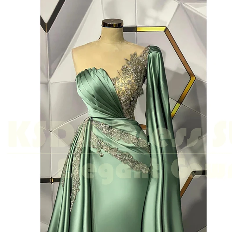 Vestidos de noite de um ombro com apliques personalizados para mulheres moda plissado boné manga comprida vestidos elegantes vestido de trem de varredura