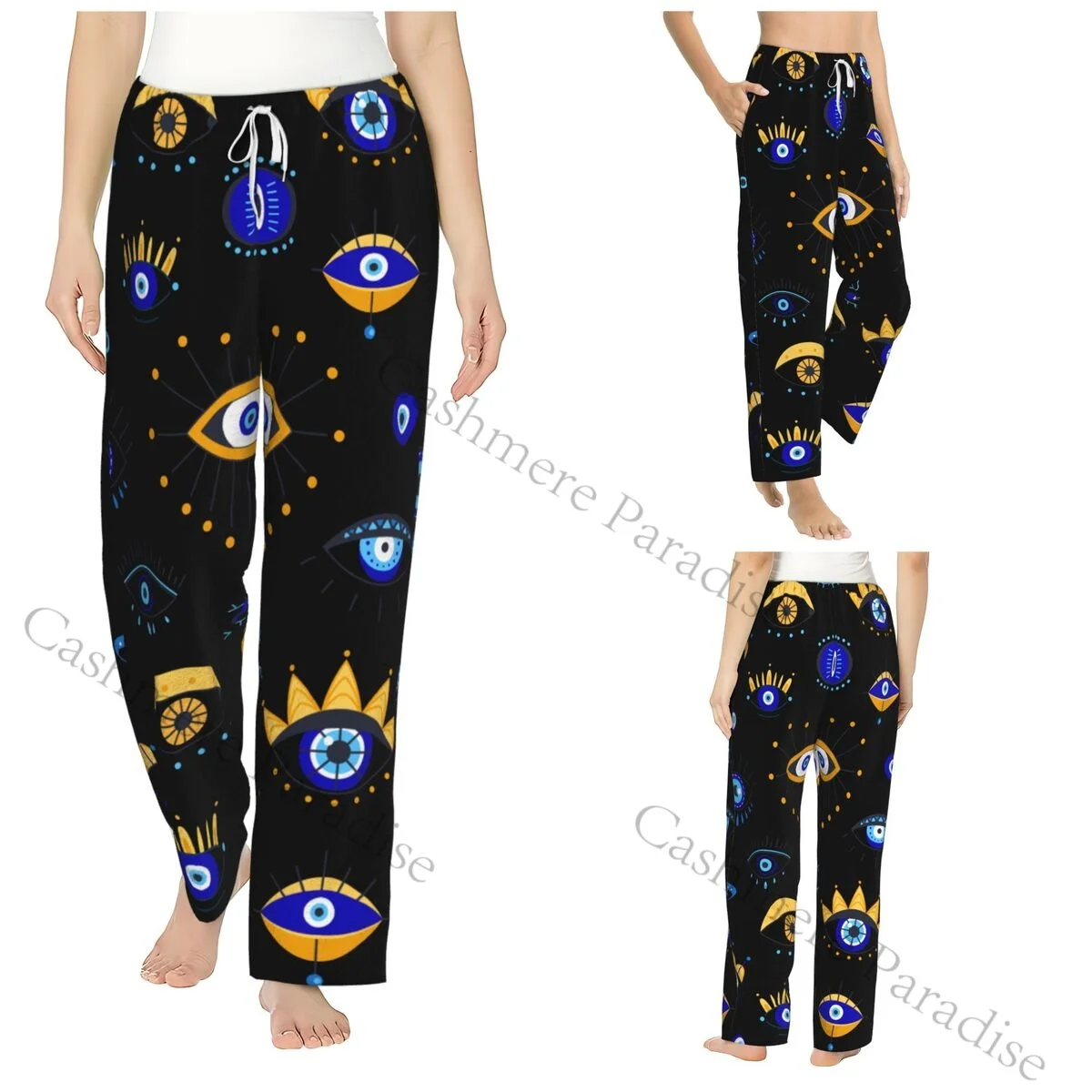 

Mediterranean Blue And Gold Evil Eye Flannel Pajama Pants for Women Soft Warm Sleep Pants with Elastic Waistband
