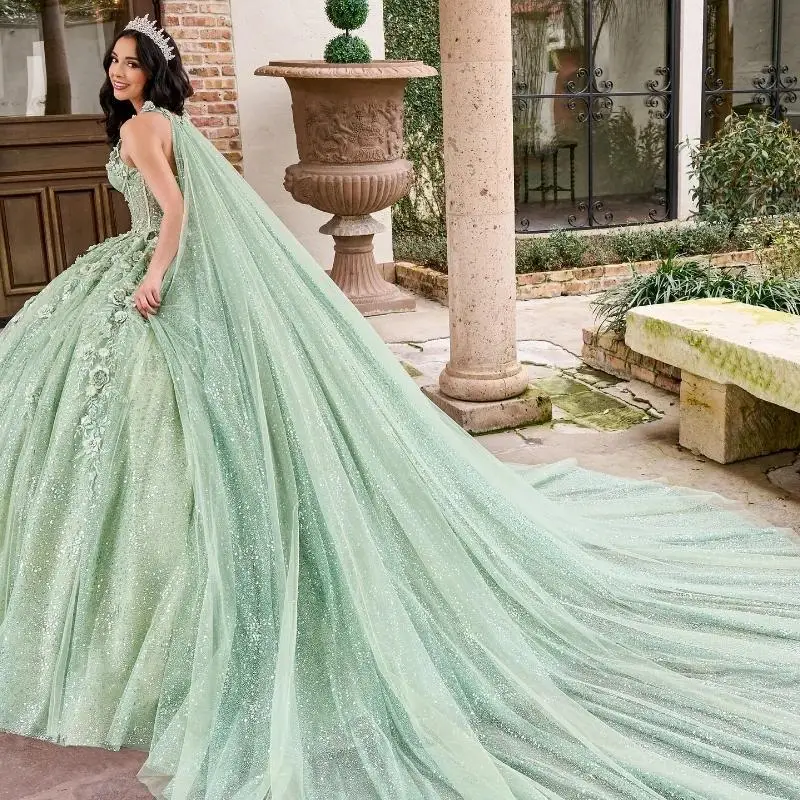 Sage Green Shiny Quinceanera Dress Off The Shoulder Mexican Vestidos De 15 Princess Sweet 16 Birthday XV Ball Gown Cinderella