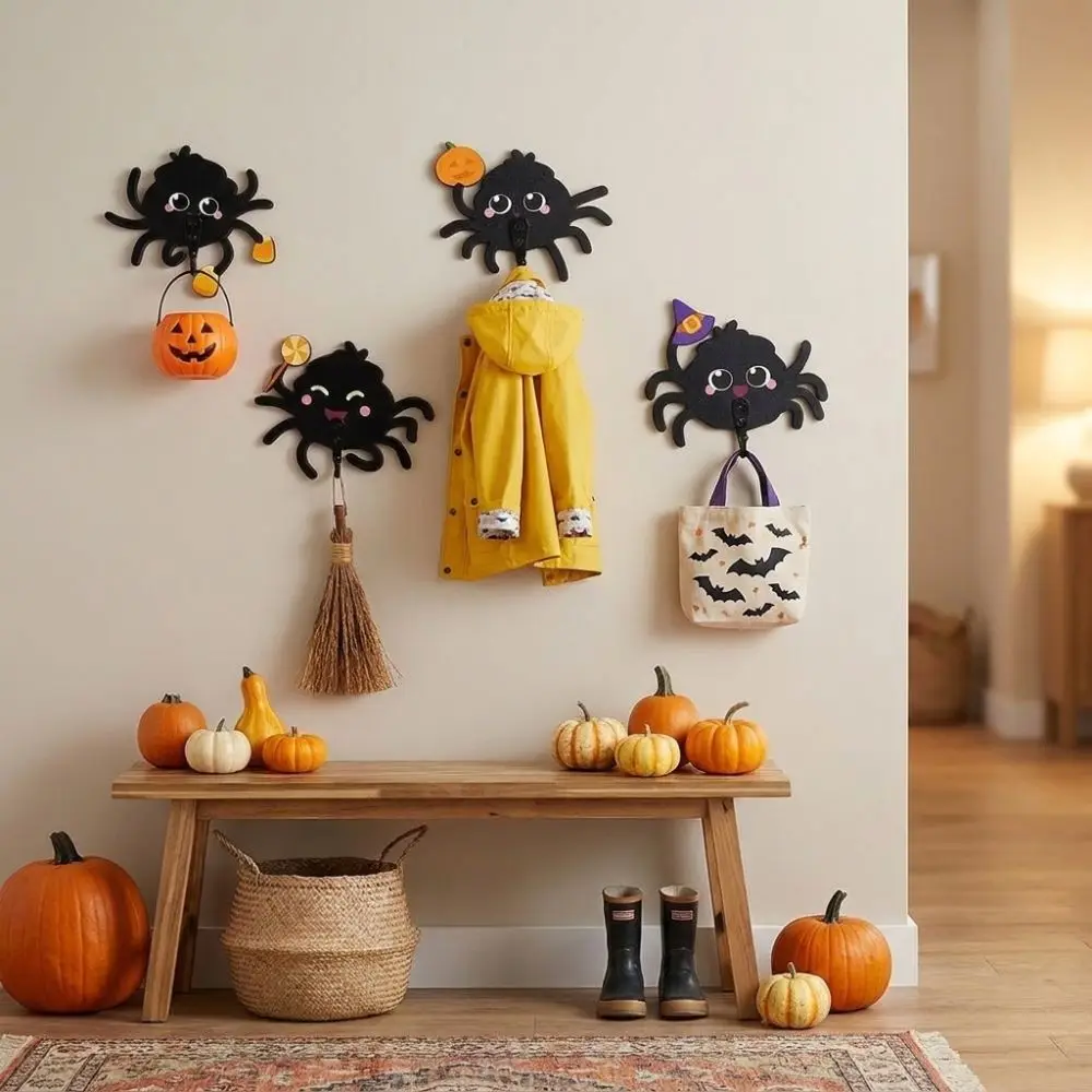 Decorative Wooden Halloween Cartoon Spider Hook No-Drill Cute Keys Holder Gothic Style Wall Mounted Spider Wall Hooks Home Decor