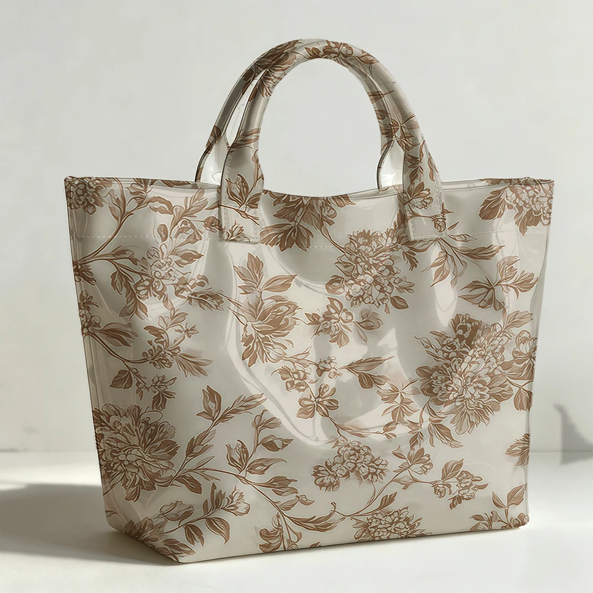 Beige Peony PVC Tote Bag Waterproof Transparent Jelly Bag Beach Bag Tote Pouch Bow Handbags Storage Bag