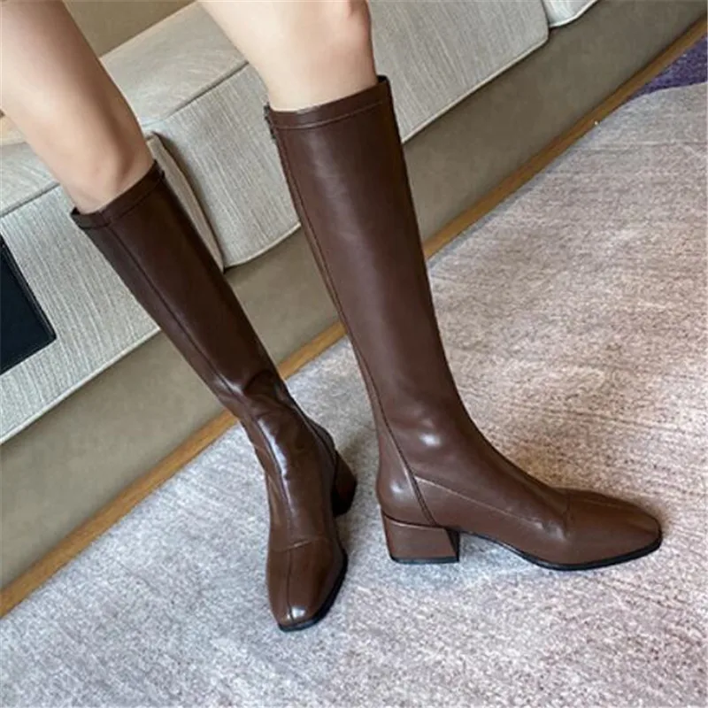 Wedding Round Toe Sexy Women's High Boots 2023 Sewing Patchwork Fashion PU Square Heels Spring Soft Leather Sweet NEW