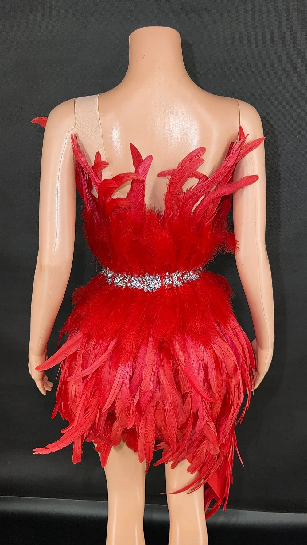 섹시한 파티, 프롬, 생일, 결혼식 축하 드레스, 쇼 무대 의상, 우아한 깃털과 라인스톤 장식의 여성용 원 숄더 숏 드레스