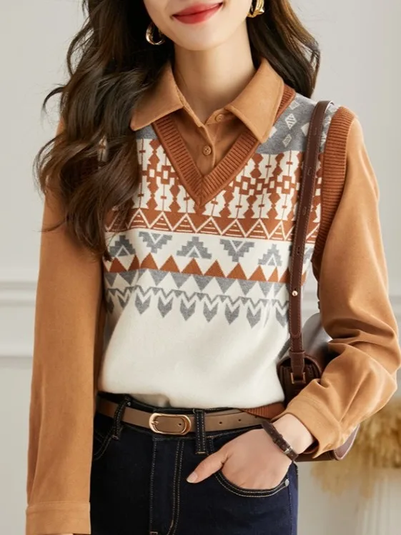 

Design Sensation Small ence Knitted Sweater Vest irt Women's Loose Fit Long Sve Flip Collar Patchwork Spring New Sle