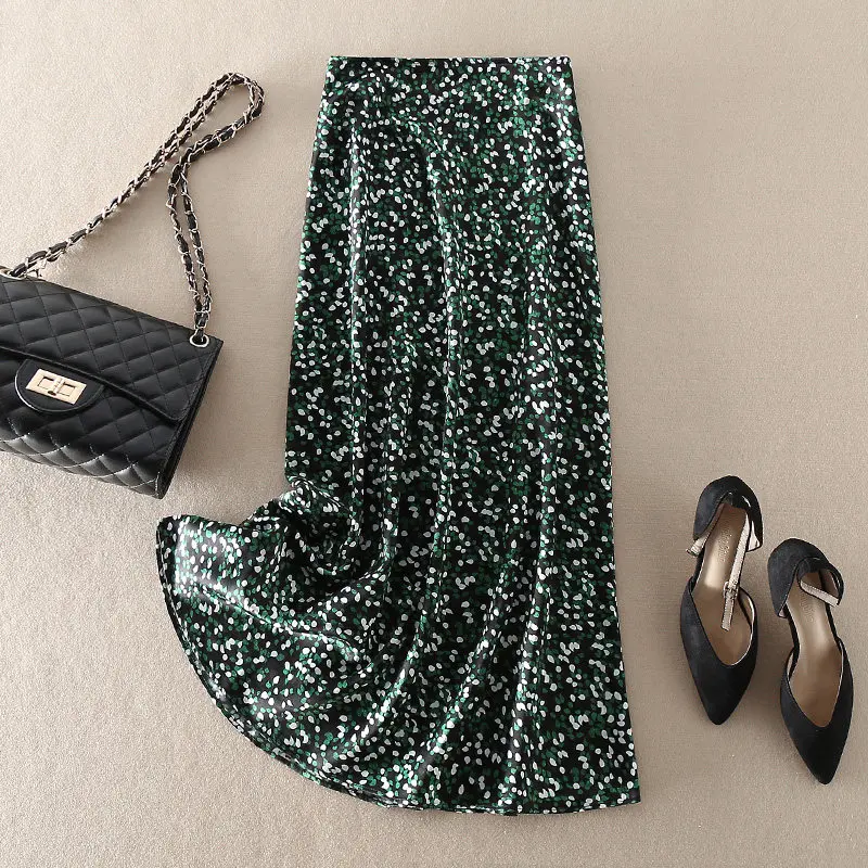 Elegant Green Asymmetrical Half Skirt with Wood Grain  Design for Women High Waist A-Line PVC Fabric Summer New Arrival