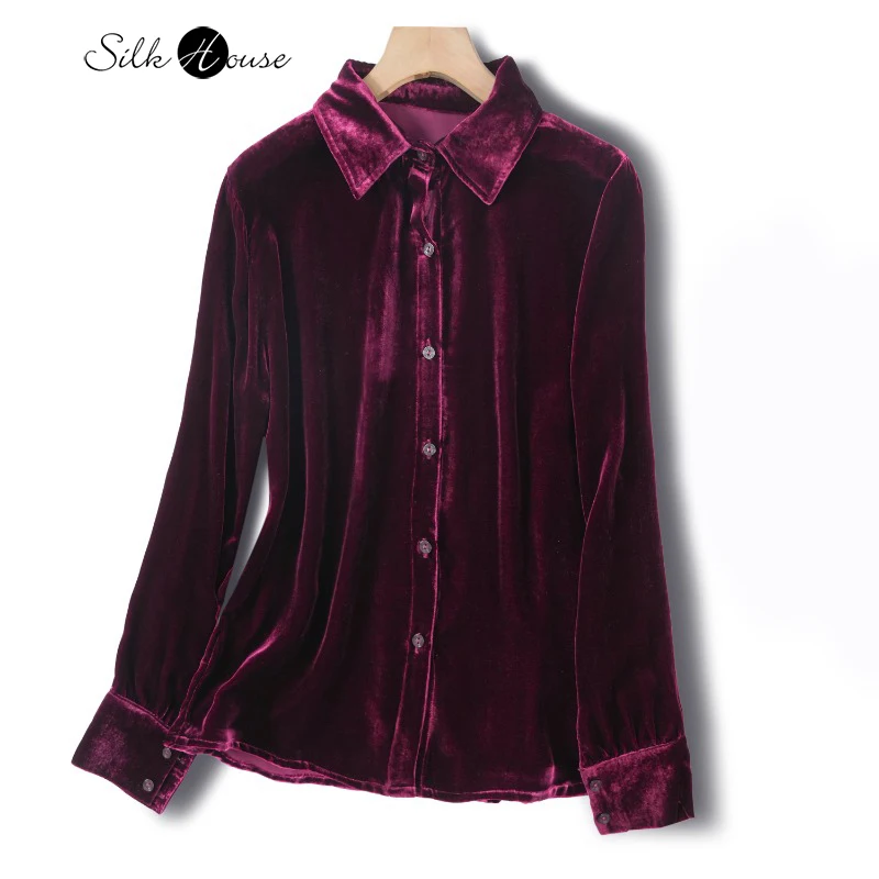 

Autumn and Winter New 30% Natural Mulberry Silk Velvet Long Sleeve Versatile Wine Red Turn-down Collar Women's Fashion Shirt