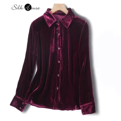 Autumn and Winter New 30% Natural Mulberry Silk Velvet Long Sleeve Versatile Wine Red Turn-down Collar Women's Fashion Shirt