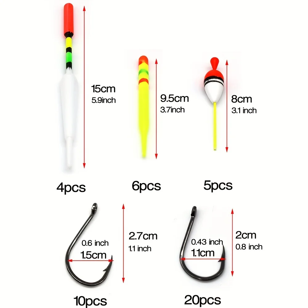 3 Size15 Pieces Vertical Fishing Float Buoy Rubbers Fishing Lures Kit + 30pcs Hooks Combo Box-Packed