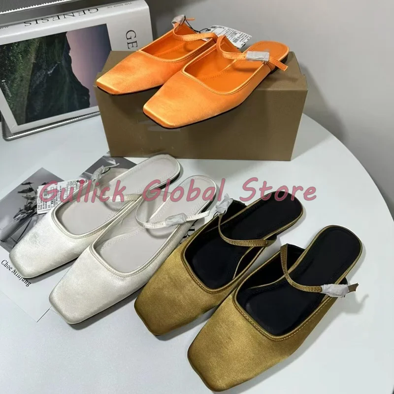 

2024 New Arrival Slides Genuine Square Toe Shallow Wrapped Toe Flat Slippers Summer Casual Outside Concise Breathable Shoes