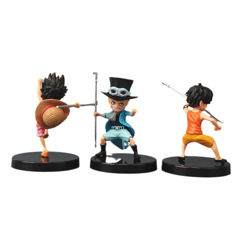 3Pcs/Lot 10cm Anime One Piece Luffy Ace Sabo PVC Action Figurine With Stick  PVC Action Figure Model Toys Dolls Kids Gifts