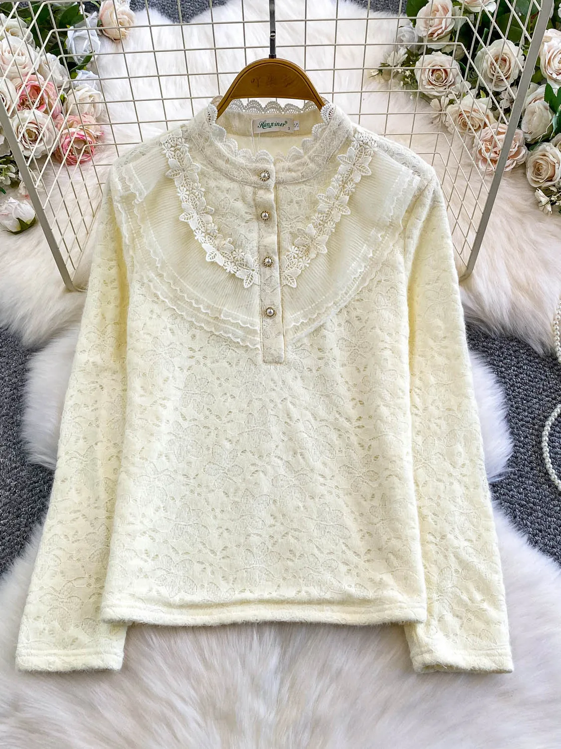 

Ele кружевная отделка, сетчатый воротник-стойка, свободная женская корейская блузка Sweet Base Top, удобная длинная блузка све