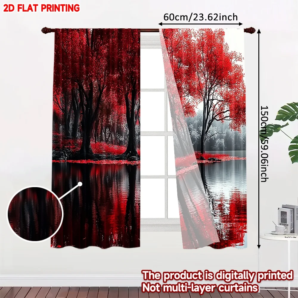 2D flat printing 2pcs Curtain Drapes Red Forest Reflection Digital Printed Polyester Drapes All Season Party & Holiday Decor Use
