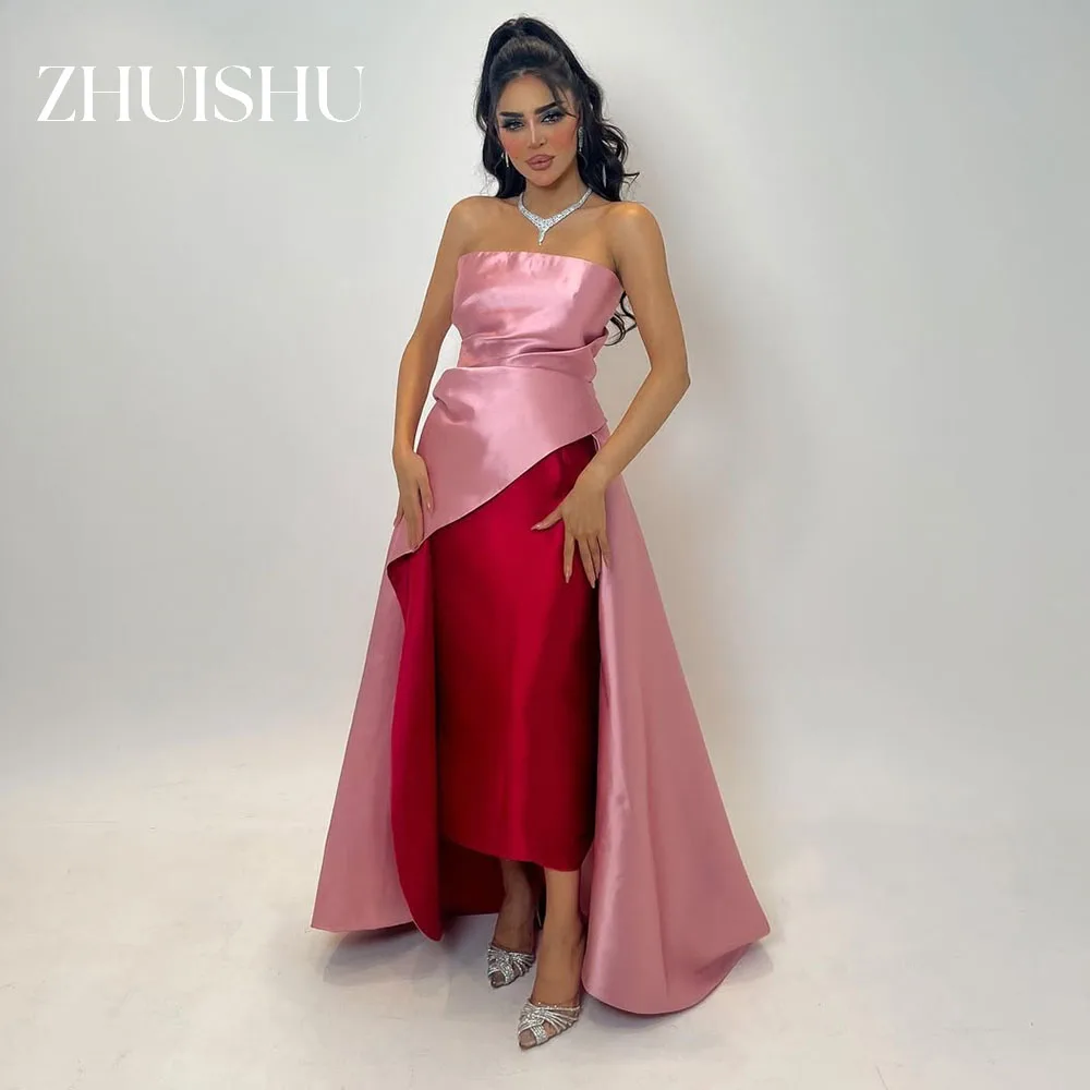 ZHUISHU Pink and Red Saudi Prom Dresses Satin Strapless Evening Gown for Special Occasion Customized A Line Wedding Party Dress