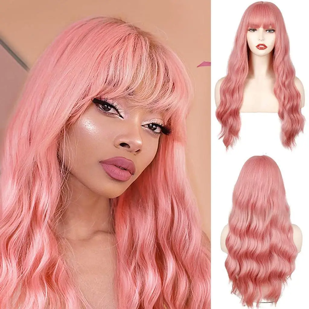 

Long Pink Wavy Wig with Bangs Synthetic long Pastel Pink Wig for Women Cosplay