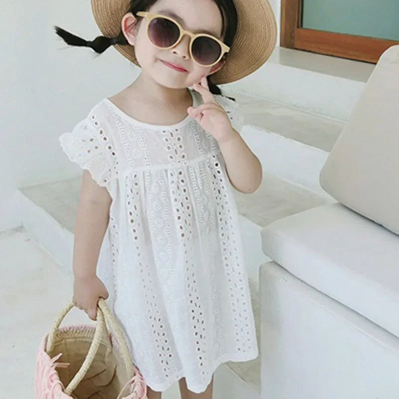 Summer Girls Dress Korean Holiday Casual Solid Color Cute Hollow Flying Sleeve Lace Princess Dress Baby Kids Children\'S Clothing