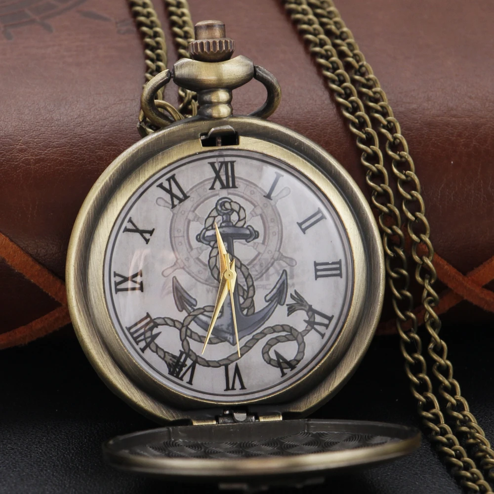 Bronze Classic Anime Sailing Boat Anchor Pattern Chain Pocket Watch Vintage Steampunk Necklace Pendant Clock Men Women Gift