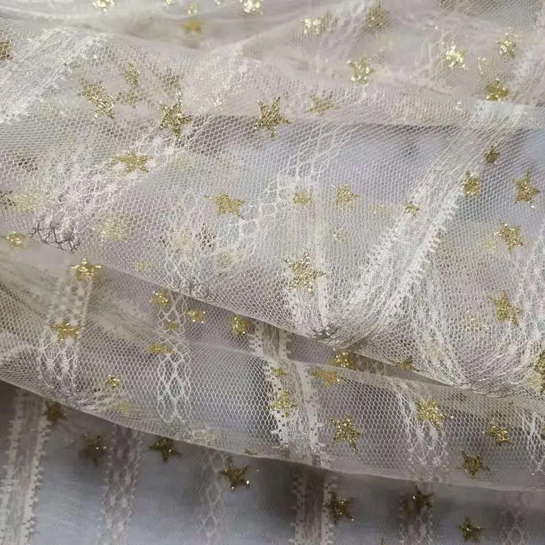 5 Colors Vertical pattern flowers embroidery lace fabric  gold star soft tulle For Wedding Dress Bridal Veil Tutu dress