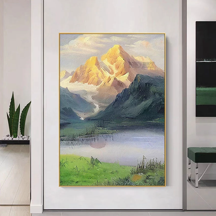 Handmade Landscape Picture Hand-painted Abstract Golden Mountian Oil Painting Wall Art Spring Scenery Poster Living Room Decor