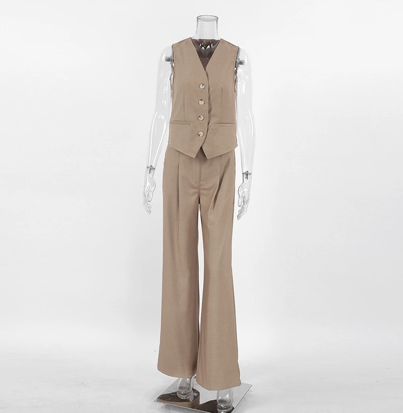 Two Piece Set Women Outfit Spring Versatile V-Neck Sleeveless Vest & Casual High Waist Pocket Design Wide Leg Pants Set