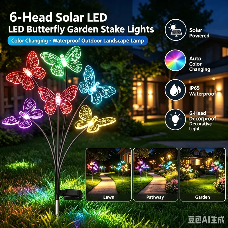Outdoor Solar Lights, Color Changing Butterfly Garden Stake Lamps with 6, 8 or 10 Heads for Lawn Yard Pathway Landscape Decor