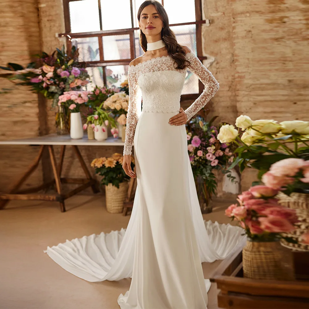 Simple Boat Neck Long Sleeves Wedding Dress Elegant Straight Chiffon Vestido De Novia Customized Lace Appliques Bridal Gowns