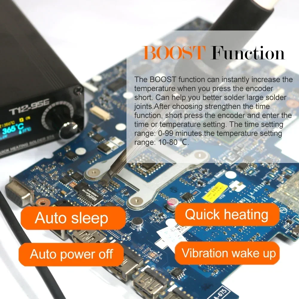 QUECOO – Station numérique à souder T12-956, fer à souder électronique OLED 1.3 pouces avec poignée M8 noire et fer à souder T12