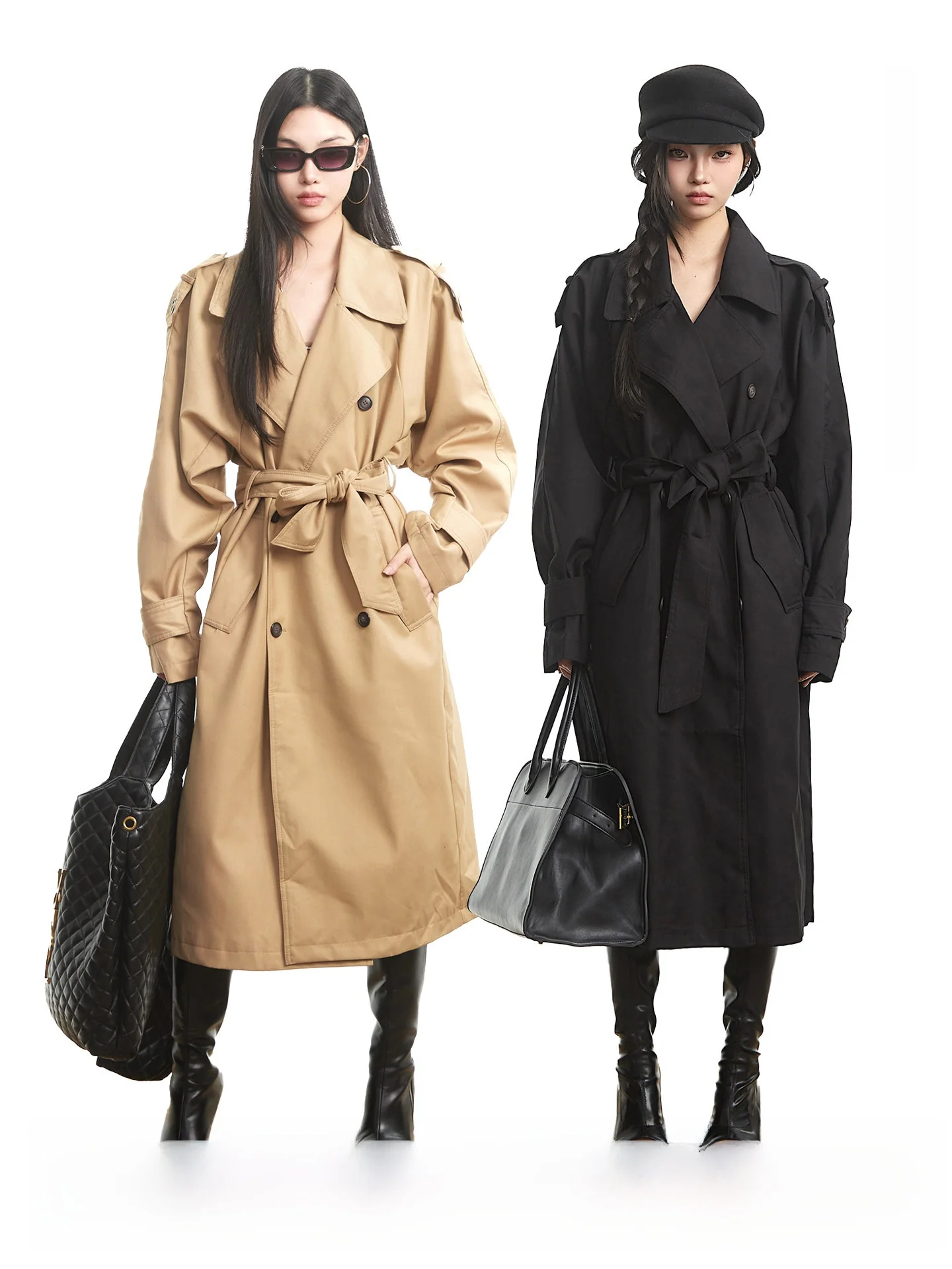 

UNCMHISEX Briti Sle Khaki Long Sve Turn-down Collar Coat Women's Autumn Winter Vintage Loose Long Outerwear