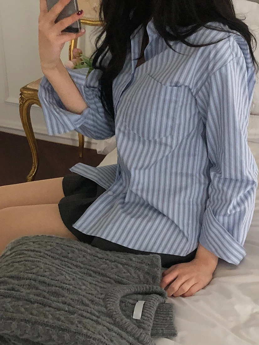 Printemps 2025 femmes Chic rayé irt Vintage col rabattu simple bouton doux haut coupe ample longue Sve motif classique