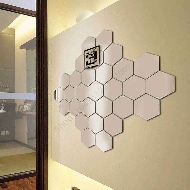 12Pcs Hexagon Acrylic 3D Mirror Wall Sticker DIY Self-adhesive Bedroom Living-Room Mirror Stickers Art Wall Decoration