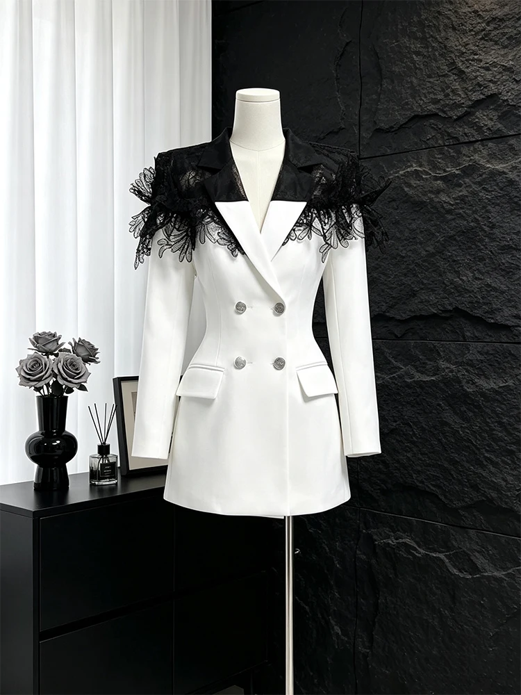 Fashionable Lace Splice Color Block Women's Suit Jacket Design Sensation Slimming Top Polyester Fiber Long Sleeve Regular Length