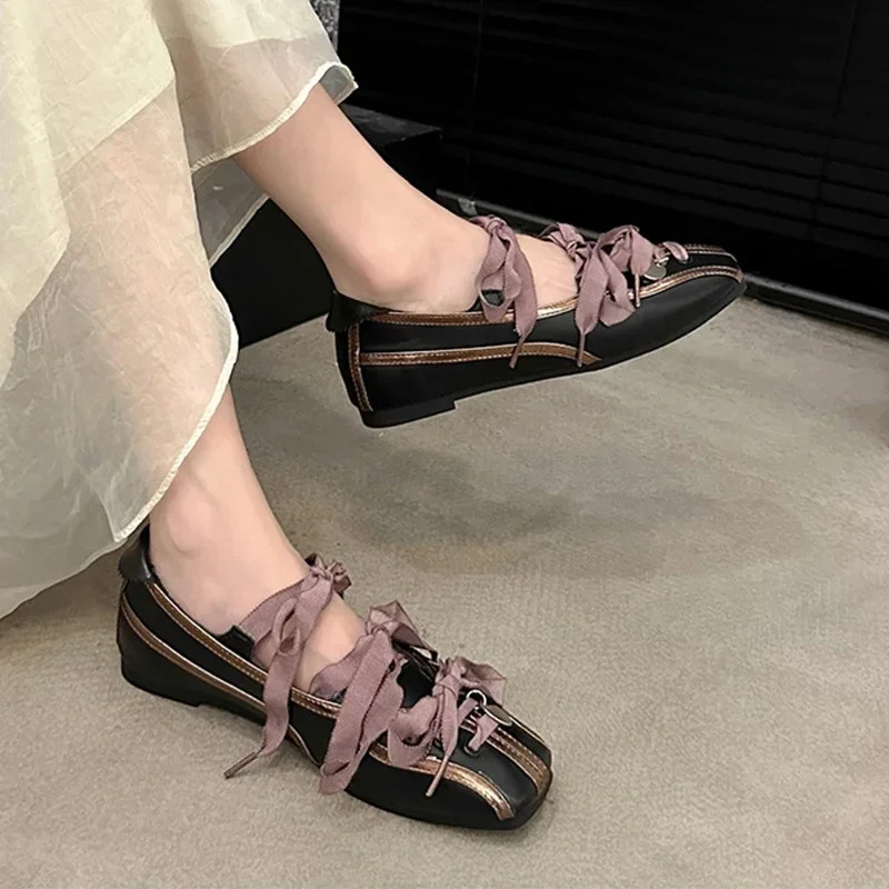 Bow Ballet Dance Designer Flats Casual Shoes Women Sandals Square Toe 2024 Trend Mary Janes Shoes Dress Shallow Zapatos Mujer