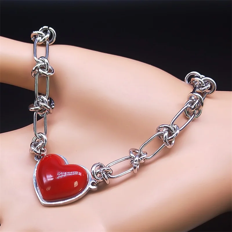 Punk Love Red Heart Pendant Necklace for Women Kpop Stainless Steel Hip Hop Fashion Party Aesthetic Necklace Jewelry Set Gifts